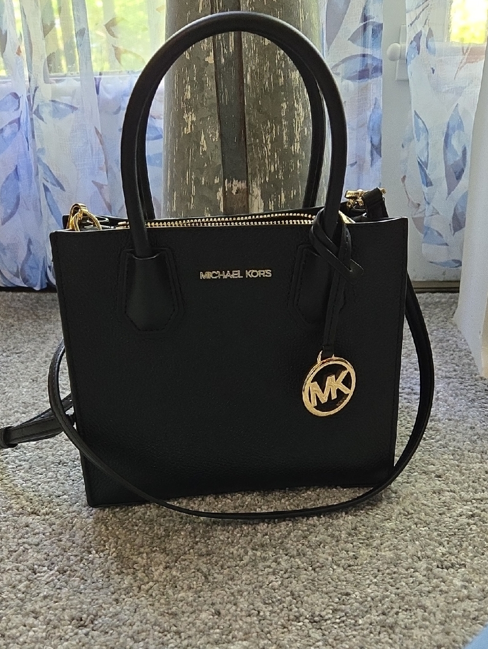 MICHAEL KORS Black Leather Satchel with Gold MK Charm